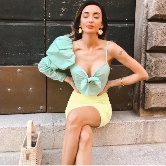 ZARA NEW LIMITED EDITION MINT PUFF SLEEVE ASYMMETRIC TOP SHIRT - Picture 10 of 15